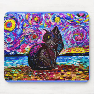 Starry Night Black Kitty Cat Mouse Pad Mousepad