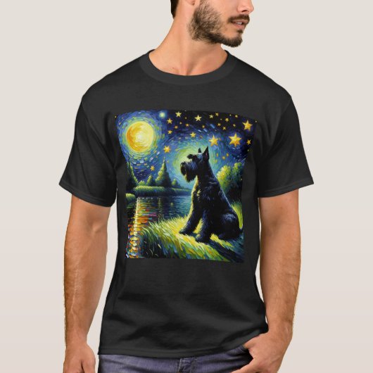 Starry Night Black Russian Terrier Dog Van Gogh T-Shirt (Vorderseite)