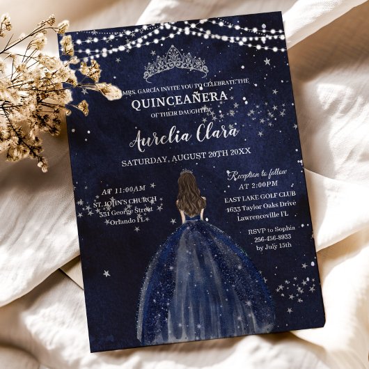 Starry Night Blue Dress Silver Quinceañera Einladung