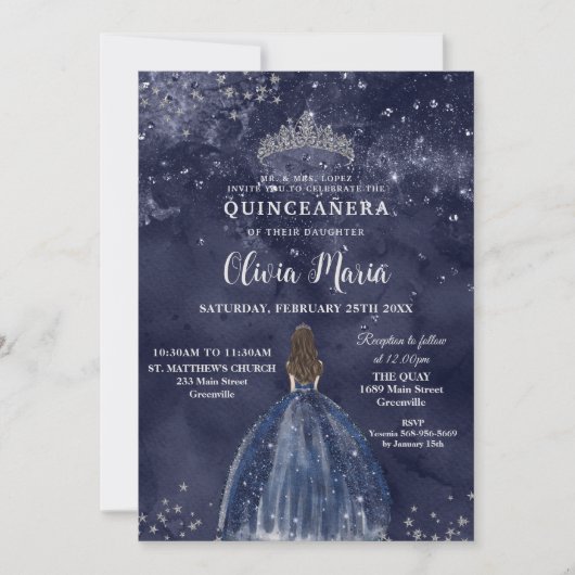 Starry Night Blue Dress Silver Quinceañera Einladung (Vorderseite)
