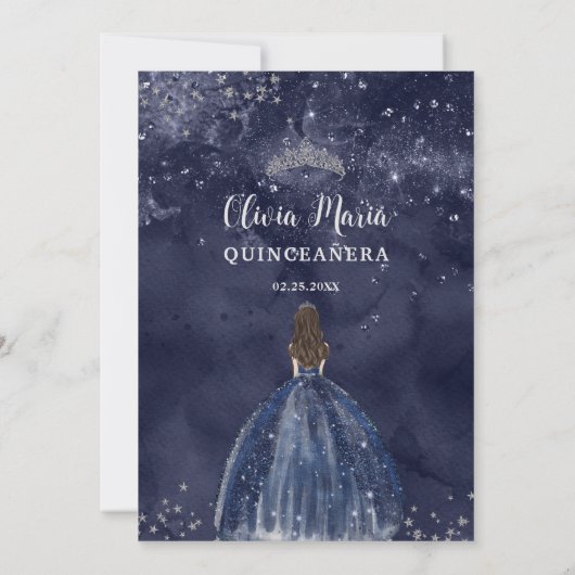 Starry Night Blue Dress Silver Quinceañera Einladung (Rückseite)