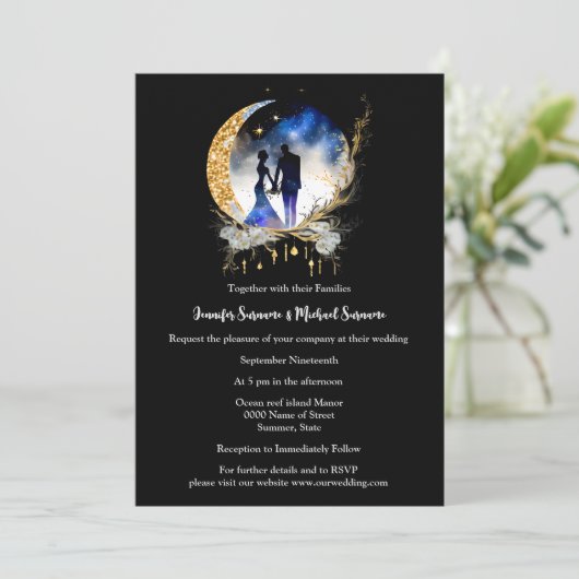 Starry night bridal Paar Silhouette Blue Einladung (Stehend Vorderseite)