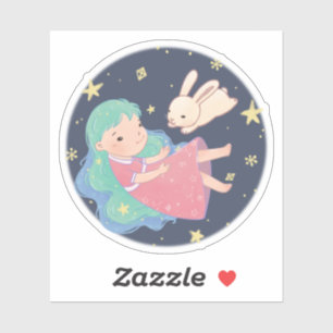 Starry Night Bunny & Girl Illustration Aufkleber
