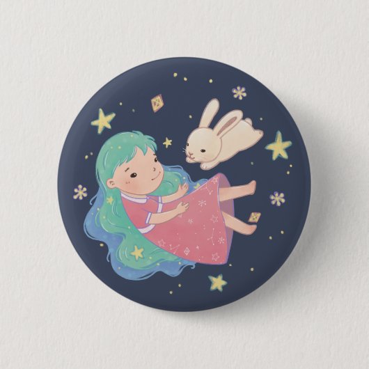 Starry Night Bunny & Girl Illustration Button (Vorderseite)