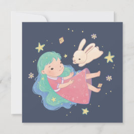 Starry Night Bunny & Girl Illustration Dankeskarte