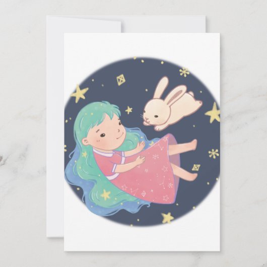 Starry Night Bunny & Girl Illustration Einladung (Vorderseite)