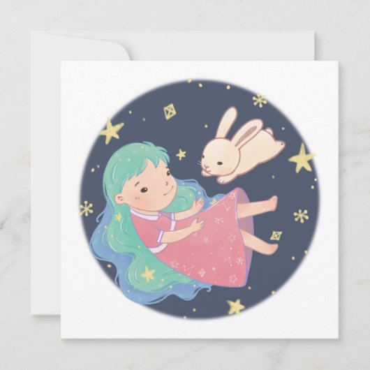 Starry Night Bunny & Girl Illustration Einladung (Vorderseite)