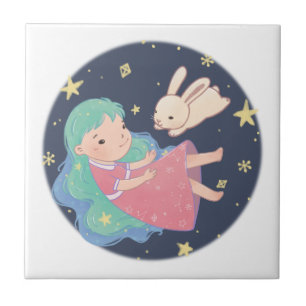 Starry Night Bunny & Girl Illustration Fliese