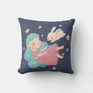 Starry Night Bunny & Girl Illustration Kissen