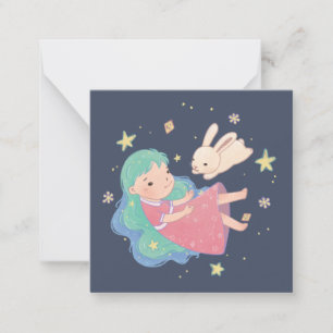 Starry Night Bunny & Girl Illustration Mitteilungskarte