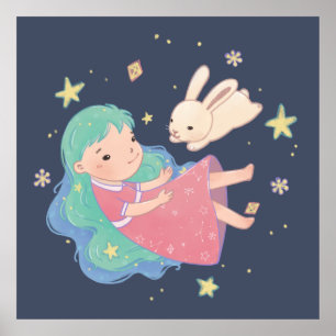 Starry Night Bunny & Girl Illustration Poster