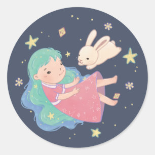 Starry Night Bunny & Girl Illustration Runder Aufkleber