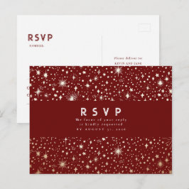 Starry Night Burgundy Red and Gold Wedding RSVP Postkarte