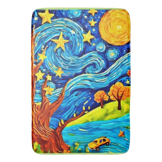 Starry Night Cartoon: Surrealismus Inspiriert Art Badematte (Vorderseite Vertikal)
