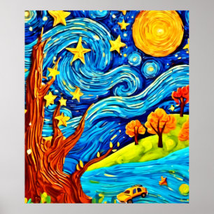 Starry Night Cartoon: Surrealismus Inspiriert Art Poster