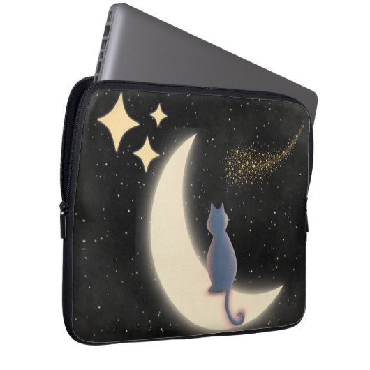 Starry Night Cat and Crescent Moon Laptopschutzhülle (Vorne Rechts)