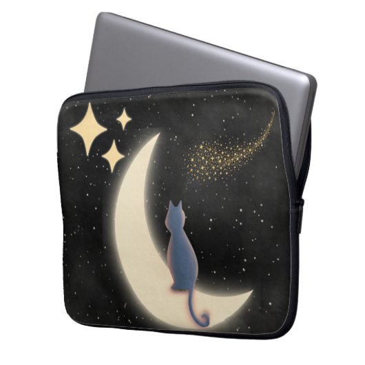 Starry Night Cat and Crescent Moon Laptopschutzhülle (Vorderseite Links)