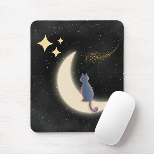 Starry Night Cat and Crescent Moon Mousepad (Mit Mouse)