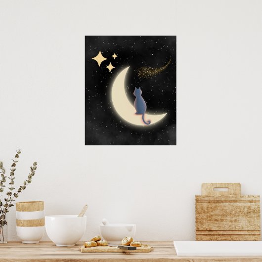 Starry Night Cat and Crescent Moon Poster (Küche)