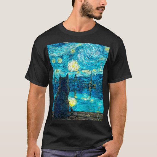Starry Night Cat Art – Van Gogh Style Night  T-Shirt (Vorderseite)