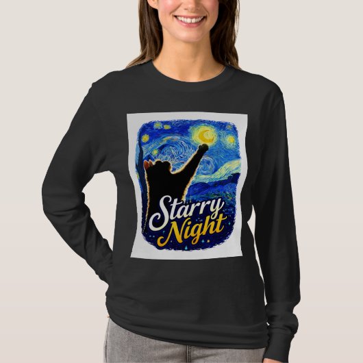 Starry Night Cat – Artistic Black Cat Reaching the T-Shirt (Vorderseite)