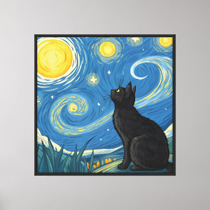 Starry Night Cat - Dreamy Pop Kunst, Dichtung und Leinwanddruck