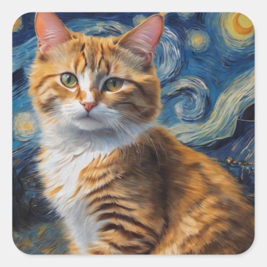 Starry Night Cat Quadratischer Aufkleber (Vorderseite)