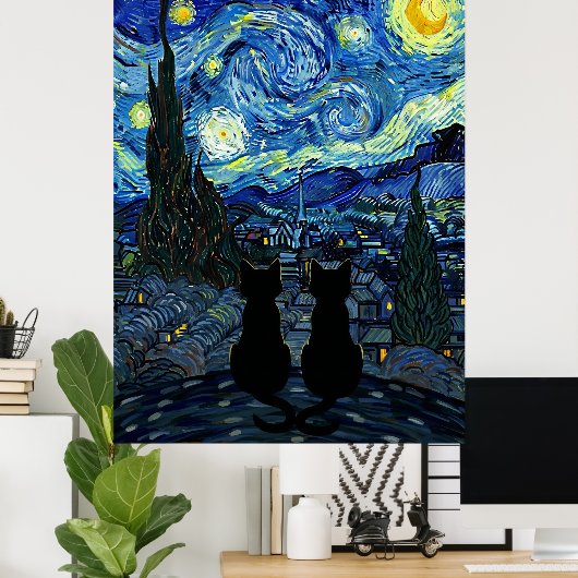 Starry Night Cat Van Gogh Inspired Starry Sky Poster (Heimbüro)