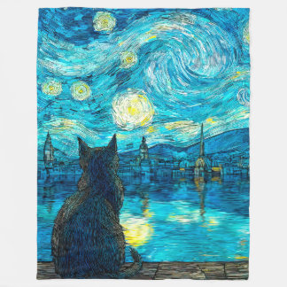 Starry Night Cat – Van Gogh Style Cat Art Fleecedecke