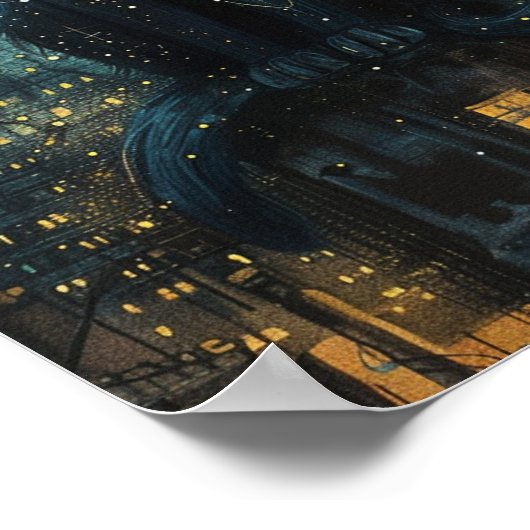 Starry Night Cats: Cosmic City Rooftop Kunst Poster (Ecke)