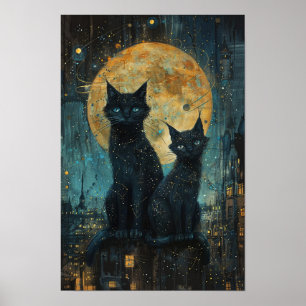 Starry Night Cats: Cosmic City Rooftop Kunst Poster