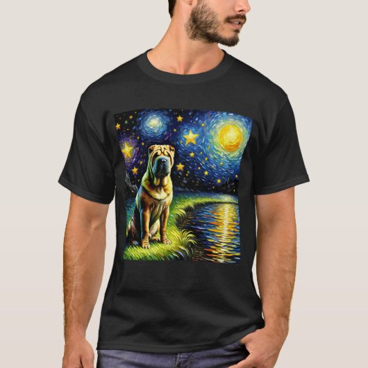 Starry Night Chinese Shar-Pei Dog Van Gogh Lover T-Shirt (Vorderseite)