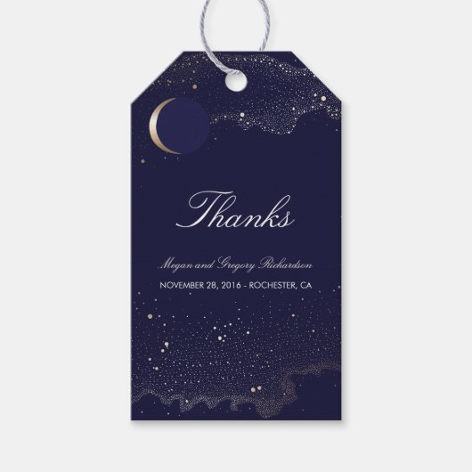 Starry Night Crescent Moon Navy und Gold Wedding Geschenkanhänger (Vorderseite)