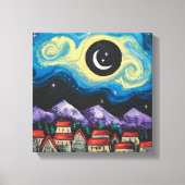 Starry Night Crescent Moon über Village Art Print Leinwanddruck (Vorderseite)