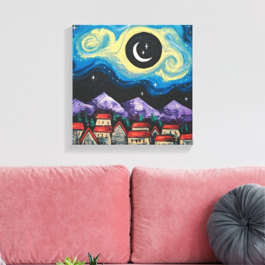 Starry Night Crescent Moon über Village Art Print Leinwanddruck (Insitu (Wohnzimmer))