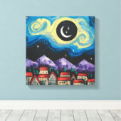 Starry Night Crescent Moon über Village Art Print Leinwanddruck (Insitu (Holzboden))