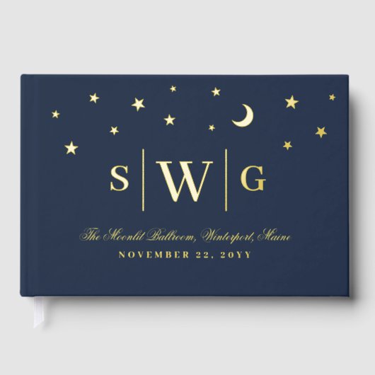 Starry Night Dark Blue & Gold Monogram Wedding Gästebuch (Vorderseite)