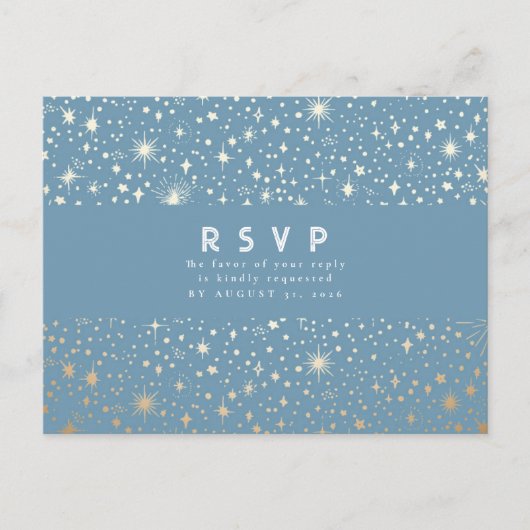 Starry Night Dusty Blue und Gold Wedding RSVP Postkarte (Vorderseite)