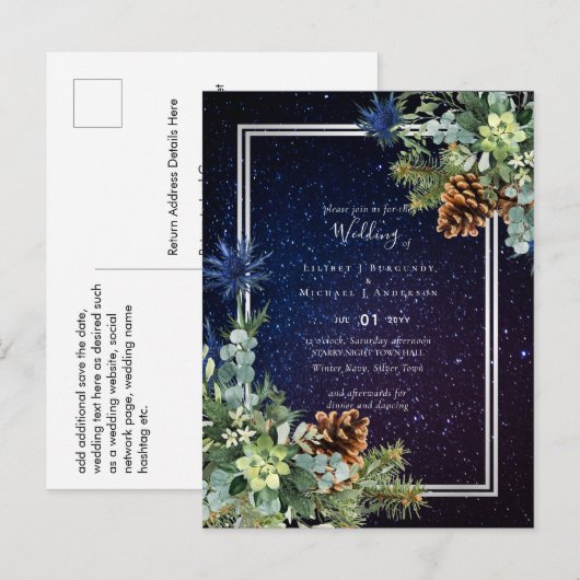 Starry Night Eucalyptus Blue Thistle WinterWedding Postkarte (Vorne/Hinten)