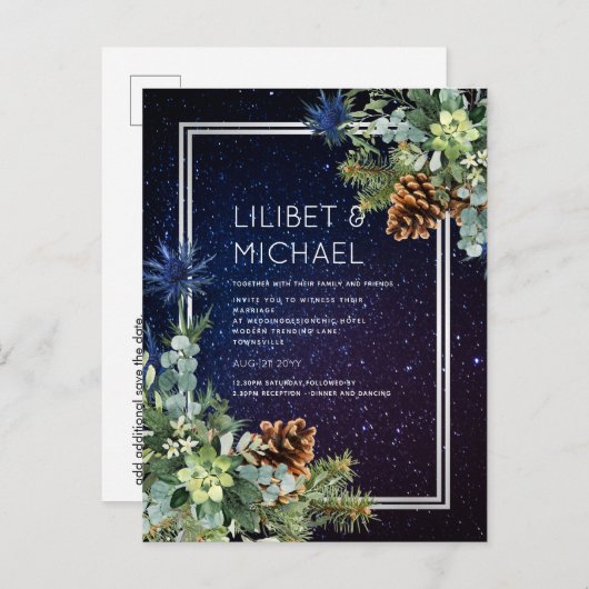Starry Night Eucalyptus Blue Thistle WinterWedding Postkarte (Vorne/Hinten)
