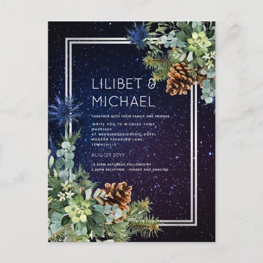 Starry Night Eucalyptus Blue Thistle WinterWedding Postkarte (Vorderseite)