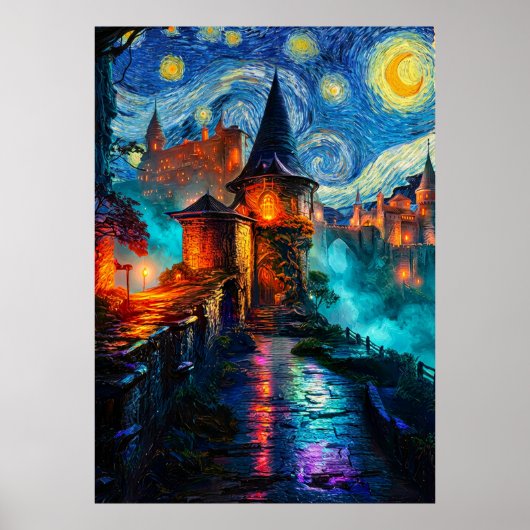 Starry Night Fantasy Castle Magical Oil Painting Poster (Vorne)