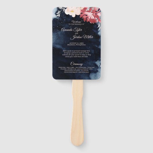 Starry Night Floral Wedding Program Hand Fan Fächer (Vorderseite)