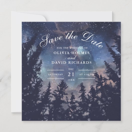 Starry Night Forest Save the Date Card (Vorderseite)