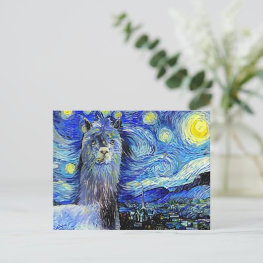 Starry Night Funny Alpaca Landschaft Parody Postkarte (Stehend Vorderseite)