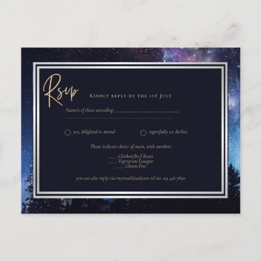 Starry Night Galaxy Wedding RSVP Navy Gold Postkarte (Vorderseite)