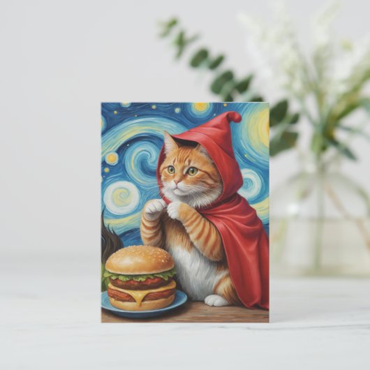 Starry Night Ginger Chat mit Cheeseburger Postkarte (Stehend Vorderseite)