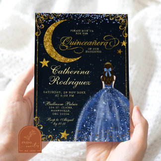 Starry Night Gold and Dark Blue Quinceanera Einladung