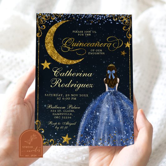 Starry Night Gold and Dark Blue Quinceanera Einladung