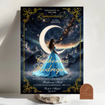 Starry Night Gold Baby Blue Quinceñera Einladung
